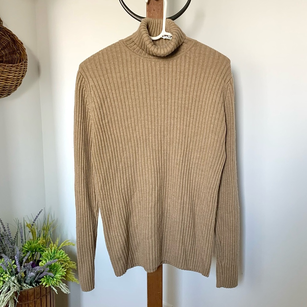 LL Bean 100% Merino Wool Ribbed Turtleneck Sweater in beige tan LG - Picture 13 of 13